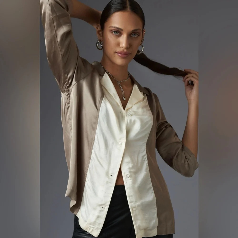 DONNI Silky Bowling Shirt Button Down Blouse in Mushroom
